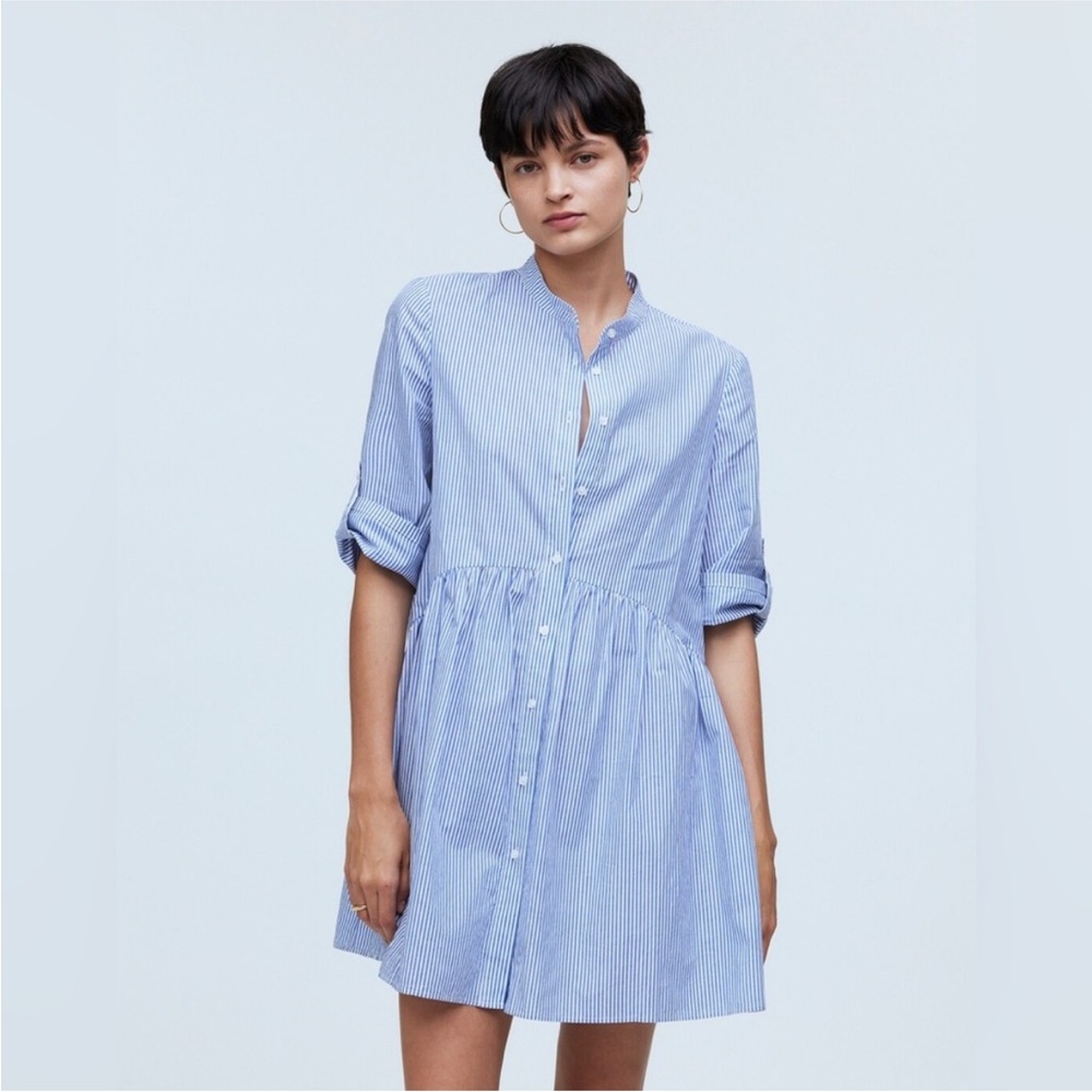 Madewell Button-Front Gathered Mini Dress in Stripe Poplin